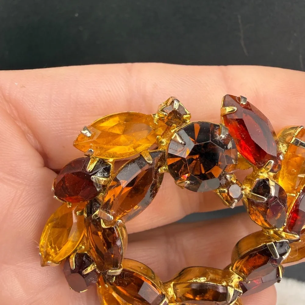 Vintage Rhinestone Brooch Gold Tone Fall Autumn Orange Red Well Made Open Back